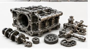 Vintage engine block and restored mechanical parts