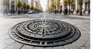 Cast-iron manhole cover on a paved street